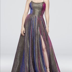Iridescent lace up back prom dress